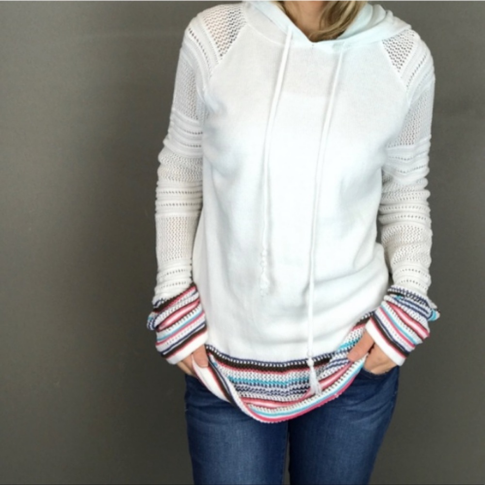 Athleta Hooded Crochet Knit Pullover Sweater Brown